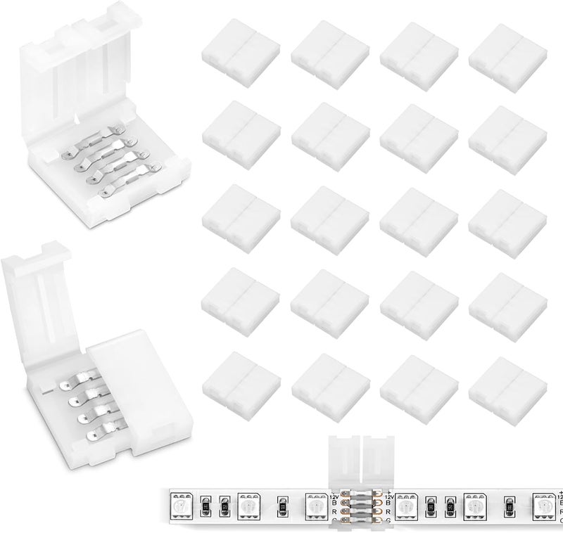 Pmxary 20Pcs 4 Pin LED Strip Connectors for 8mm Wide RGB LED Strip Lights, Solderless Unwired LED Light Connectors, Easily Extend or Splice 4-Pin 8mm Multicolor Strips - Image 1